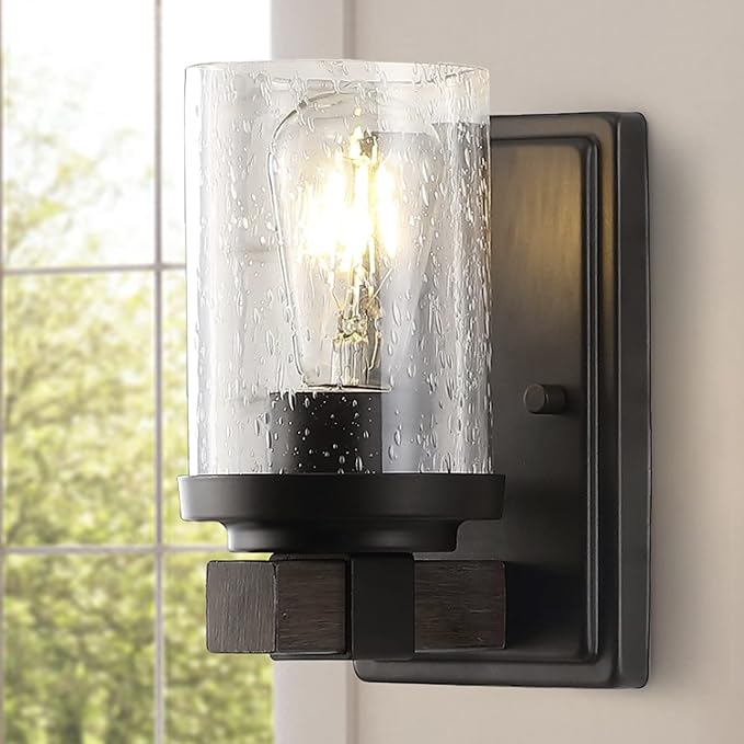 JONATHAN Y 4.5" Oil Rubbed Bronze LED Vanity Light, Rustic Farmhouse Sconce, Clear Seeded Glass Shade, Industrial Wall Lamp for Bathroom Mirror, Kitchen Sink, LED Bulb JYL7507A