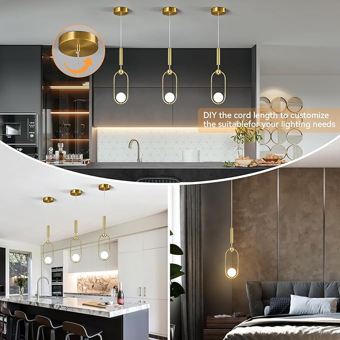 Modern Oblong Glass Pendant Light fixtures 1-Light, Simplicity Gold Pendant Lighting, Mid Century Chandelier for Kitchen Island Dining Room Bedroom Entryway Hallway(1-Pack)