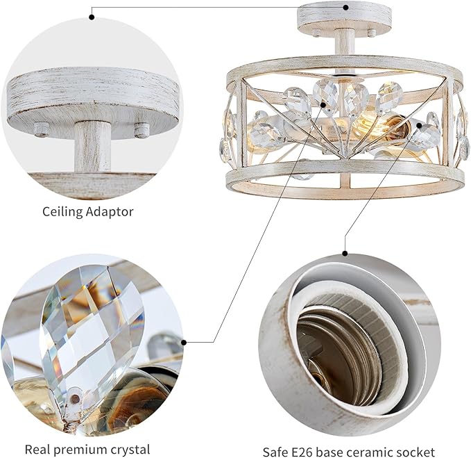 WUZUPS Crystal Leaf Chandelier 3-Light Vintage Farmhouse Industrial Semi-Flush Mount Ceiling Light Lighting Fixture for Foyer Hallway Storage Room Kitchen Bathroom, H 8.5" W 12", Antique White