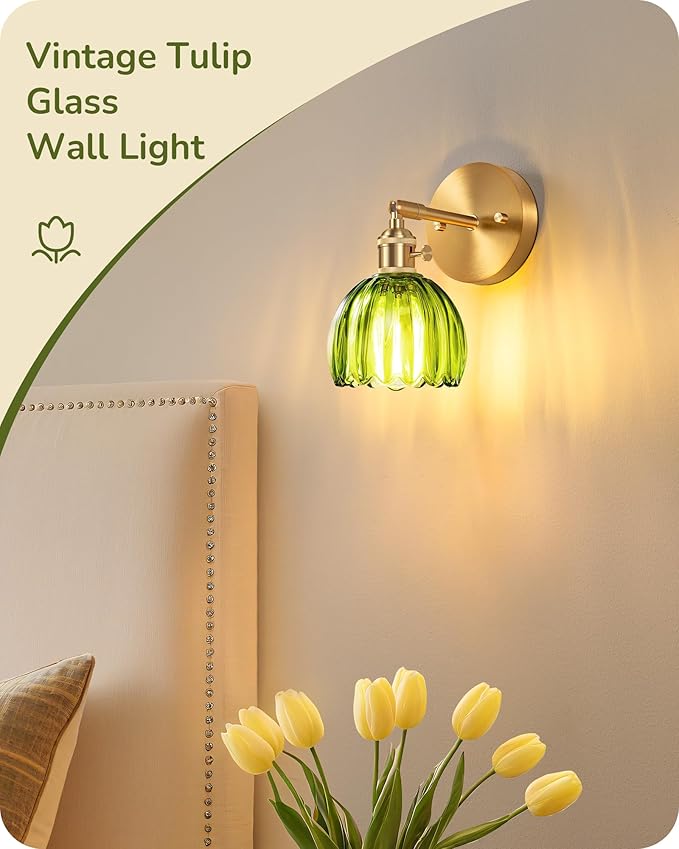 EDISHINE Hardwired Wall Sconces Set of Two, Vintage Wall Lighting Fixture with Green Tulip Glass Lampshade 180 Degree Adjustable, Brass Gold Wall Lamp for Bedroom Living Room Hallway Bathroom
