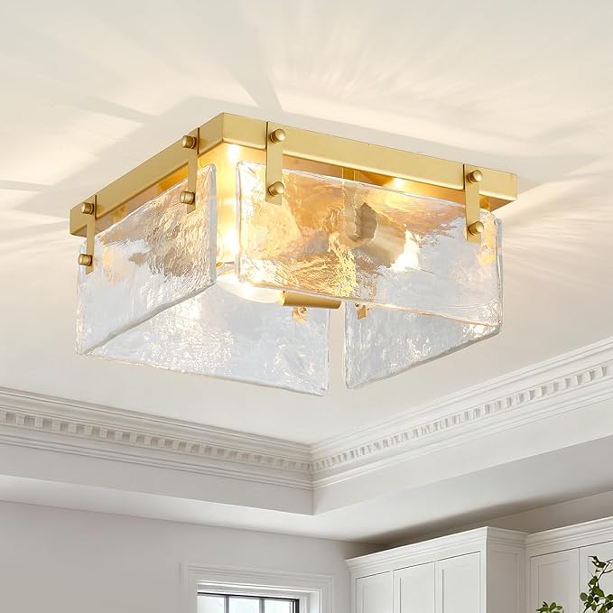 Close to Ceiling Light Fixture Gold Chandelier Modern Farmhouse Flush Mount Ceiling 3-Light, 13" Square Metal Glass Chandeliers for Hallway Bedroom Stairway Kitchen