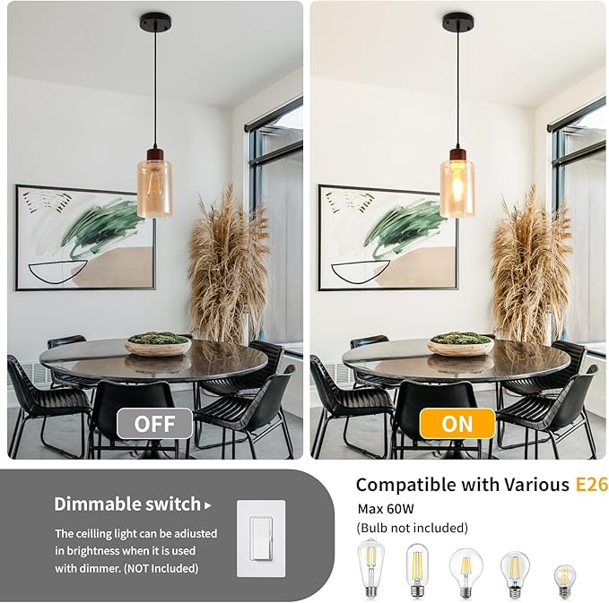 Modern Wood Pendant Lighting for Kitchen Island, Farmhouse Pendant Light Fixtures 1 Pack, Adjustable Hanging Ceiling Light with Amber Glass Shade