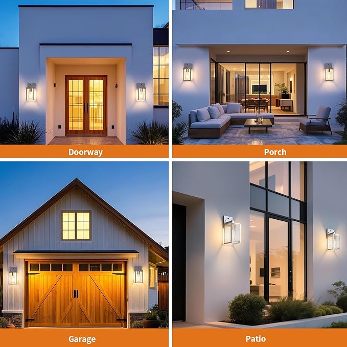 2 Pack Silver Dusk to Dawn Exterior Lighting Fixtures Wall Mount, Sensor Outside Front Porch Lights for House, Outdoor Lantern Lamp, Waterproof Wall Sconce Lights, Coach Light for Garage Entryway
