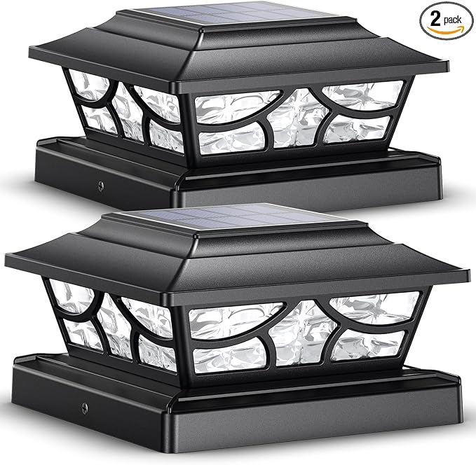 SIEDiNLAR Solar Post Lights Outdoor 4 Modes Deck Fence Post Cap Light for 4x4 5x5 6x6 Wooden Vinyl Posts Patio Garden Decor, Warm White & Cool White Dynamic Lighting Black (2 Pack)