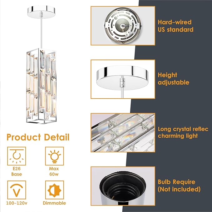 Chrome Pendant Lights Modern Pendant Light Fixture, Mini Crystal Pendant Ceiling Light, Pendant Light for Kitchen Island, Dinning Room, Bedroom, Kitchen Sink Lighting (2-Pack)