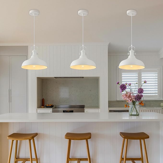 White Pendant Light, Modern Farmhouse Pendant Lights Kitchen Island, 11.41" Kitchen Pendant Lighting Over Island, Ceiling Hanging Light Fixture for Kitchen, Dining Room, 3 Pack
