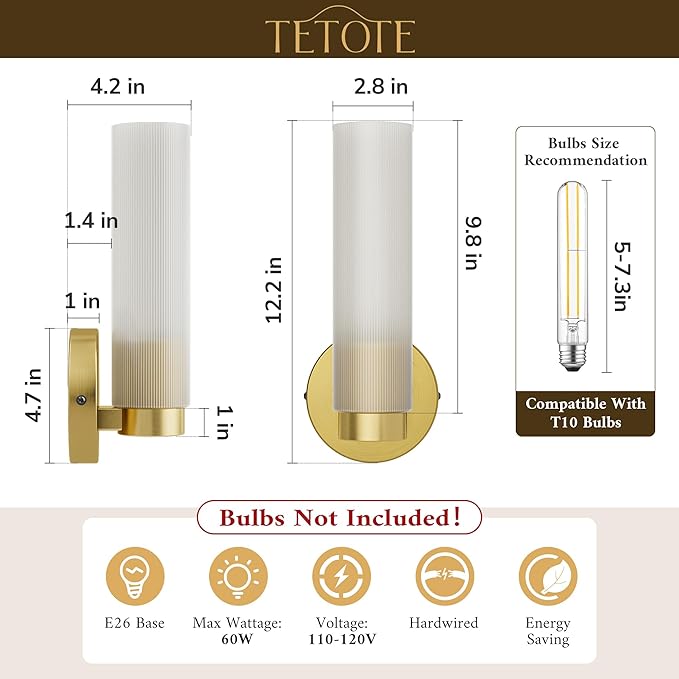 TETOTE Brushed Gold Wall Sconces Set of Two Modern Bathroom Wall Light Fixtures Farmhouse Wall Lights with Frosted Glass Shade for Mirror Bedroom Living Room