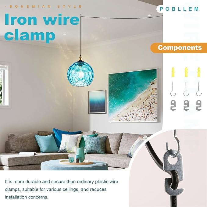 Globe Hanging Light Fixture with Plug in Cord, Blue Coastal Pendant Lighting Plug in, 13.8" Large Hammered Glass Hanging Swag Lamp for Kitchen Dining Room Living Room Bedroom