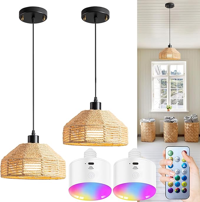 Battery Operated Pendant Light with Remote,Battery Hanging Light Rattan Woven Chandelier No Wiring Needed,Rechargeable Light Bulb 50+Hours Continue Use,Perfect for Kitchen Islands Ceiling Lighting