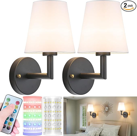 Nekhung Battery Operated Wall Sconces Set of 2, Wireless Wall Light with 10000mAh RGB Dimmable Magnetic Bulb, Rechargeable Wall Sconce with Remote Control for Bedroom Living Room