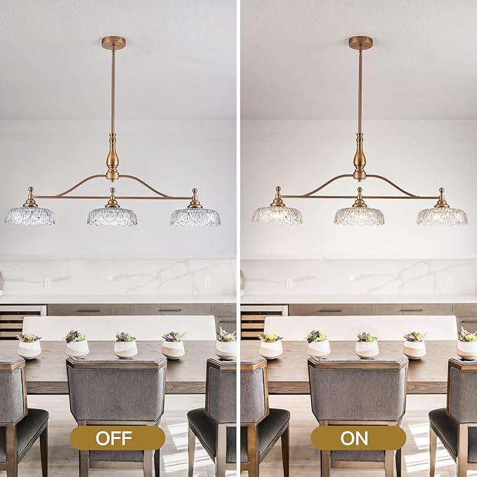 HDDFL Chandeliers Pendant Light Fixture Vintage Pendant Lighting Fixtures 3 Lights Chandelier Matte Brass Kitchen Glass Hanging Lamp for Island Dining Room Living Room