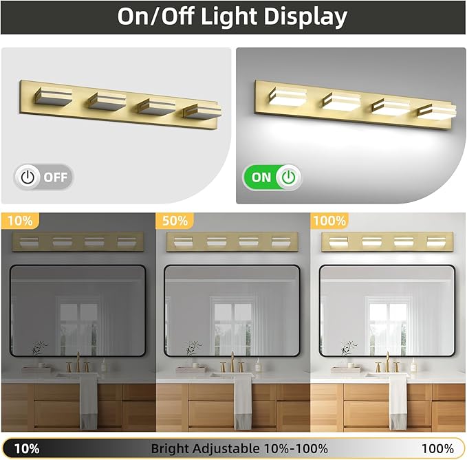 OKELI 4 Light Bathroom Vanity Light Gold Modern 32W LED Dimmable Vanity Light Over Mirror 350° Adjustable Lamp Head Cold White 6000K ETL Listed 30Inch