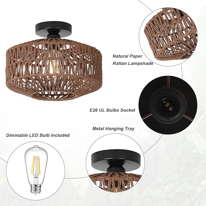 Boho Rattan Light Fixtures, Dimmable Ceiling Light with LED Bulb, Hand Woven Rattan Chandelier for Bedroom, Living Room, Entryway (Dark Brown)