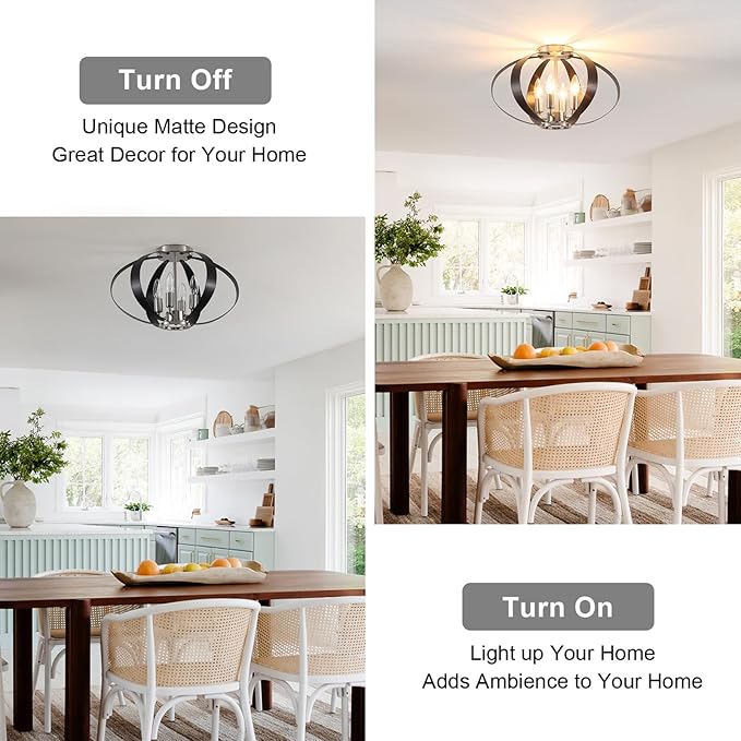 Black and Brushed Nickel Semi Flush Mount Ceiling Light, 4-Light Farmhouse Modern Light Fixtures Ceiling Mount, Metal Cage Stair Lights for Kitchen, Hallway, Entryway, Living Room, Bedroom