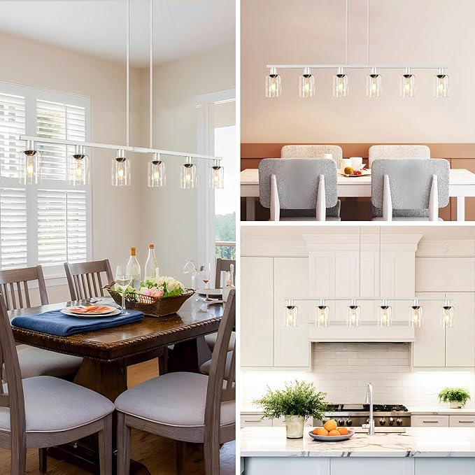 6-Light Kitchen Island Lighting with Glass Shade and Adjustable Rods, Brushed Nickel Dining Room Light Fixture Over Table, Farmhouse Linear Chandelier Pendant Light for Kitchen Living Room