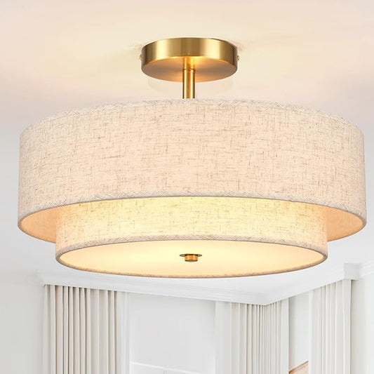 16.5 inch Semi Flush Mount Ceiling Light with Natural Linen Shade, 3-Light UL Listed Fixture with E26 Socket (No Bulb Included) for Bedroom, Kitchen, Living Room