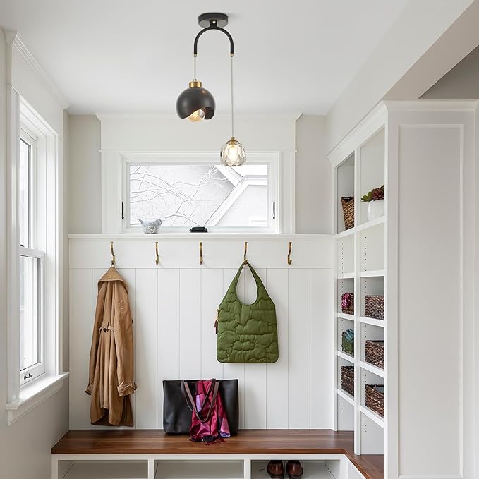 2 - Light Modern Pendant Light with Crystal Accent, Black Pendant Light Hallway, Unique Hanging Light Fixture for Entryway Bedroom Kitchen Island