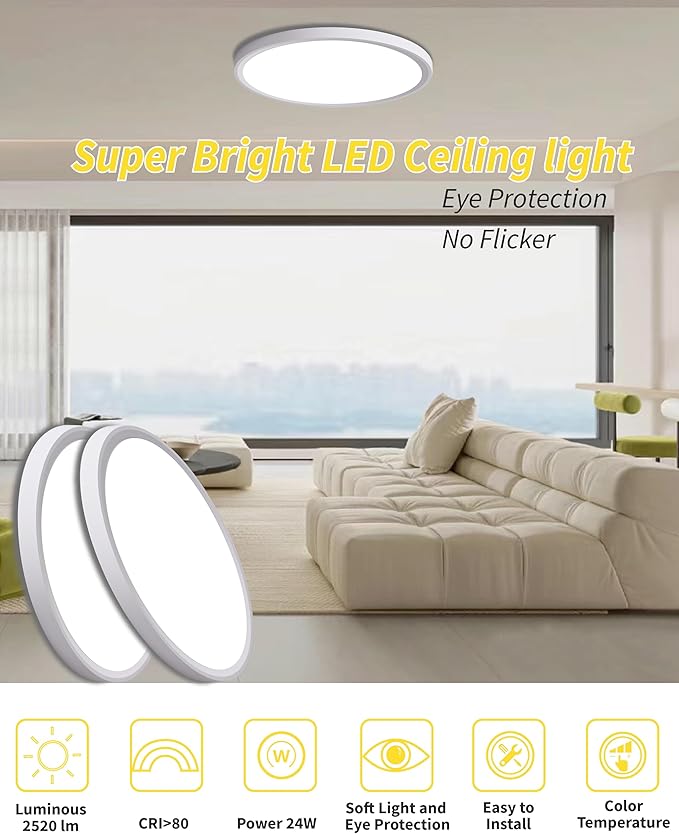 4pack 12 Inch Flush Mount Ceiling Light, 24w Led Ceiling Light, 3000k/4000k/6000k Selectable 2520lm Ceiling Lights, Super Slim Led Light Fixture For Bedroom Kitchen Living Dining Room Office (White)