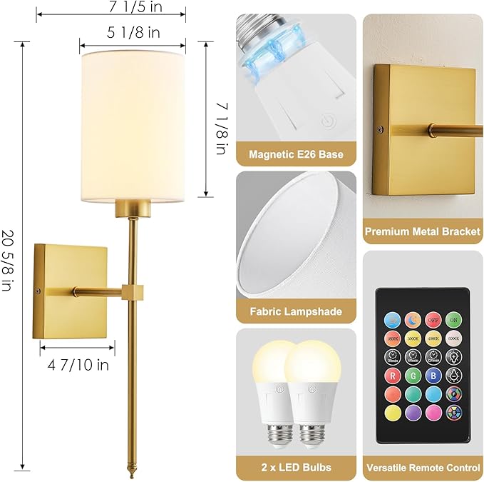 KARTOOSH Battery Operated Wall Sconce Set of Two, Wireless Rechargeable Wall Light with Remote Control, Dimmable, 4 Color Temperatures, RGB, Timer, for Living Room,Bedroom,Entryway, Gold, 20.6 Inch