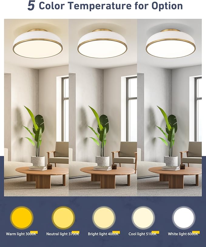 kudos Ceiling Light, 16-inch LED Flush Mount Ceiling Light, White and Gold Finish, 30W/1900lm Light Fixtures Ceiling Mount for Bedroom,Hallway, 3000K/3700K/4500K/5100K/6000K Adjustbale, KDCL15-WT-L