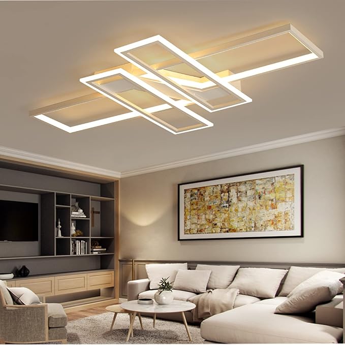 SMG Modern LED Ceiling Lights Fixture for Bedroom, 47" Remote Control Dimmable Led Chandelier, Flush Mount Square Design Ceiling Lamp for Kitchen Living Room White