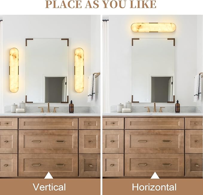 Modern Alabaster Wall Sconce 20" Gold Spanish Natural Marble LED Wall Lights Indoor Brass Wall Lighting Bathroom Vanity Light Fixtures Wall Lamps for Bedroom Hallway Dining Room