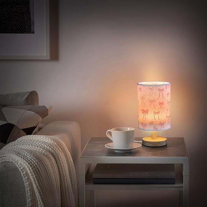 Aslsiy Cute Coquette Ribbon Bow Bedside Table Lamp Pink Star Nightstand Lamp Night Light Fabric Shade for Bedroom Living Room Home Office