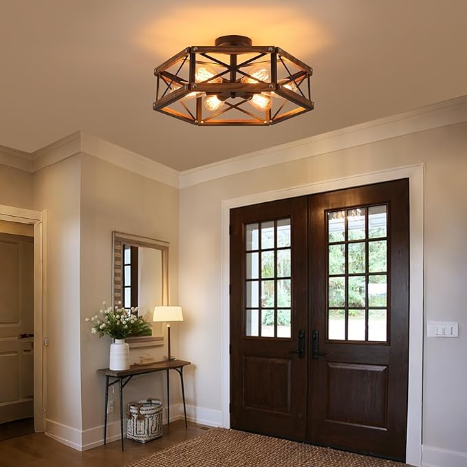6-Light Large Rustic Farmhouse Wood Flush Mount Ceiling Light Fixture 20 inch Oak Wood and Metal Cage Semi Flush Mount Ceiling Light for Hallway Entry Dining Farmhouse Bedroom Living Room, Black