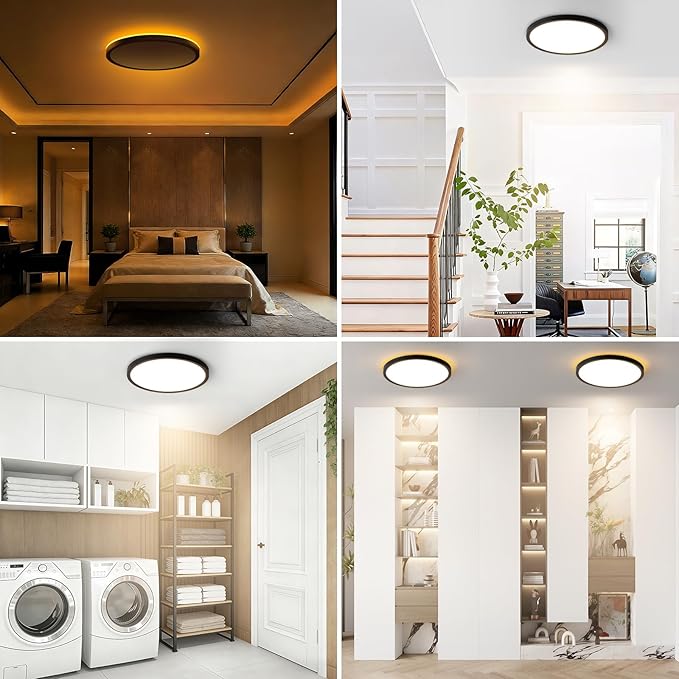 Brightever Black LED Flush Mount Ceiling Lights with Night Light, 12 Inch 2 Packs, 24W 2400LM Ceiling Light Fixtures, Dimmable & 2700K-6500K 5 Color in One Ceiling Lamp for Kitchen, Hallway, Closet