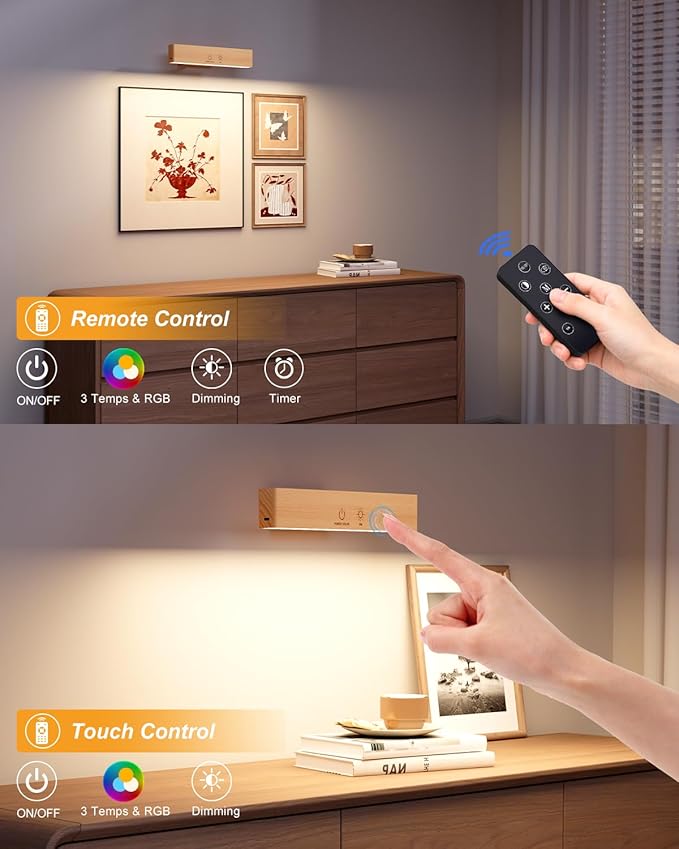Rechargeable Wood Wall Lights (2 Pack) with Remote & Touch, 5200mAh Battery Operated Wall Sconce with 3 Color Temperatures & RGB. Magnetic, Stick-On, Dimmable Wall Reading Lamp for Bedroom, Picture