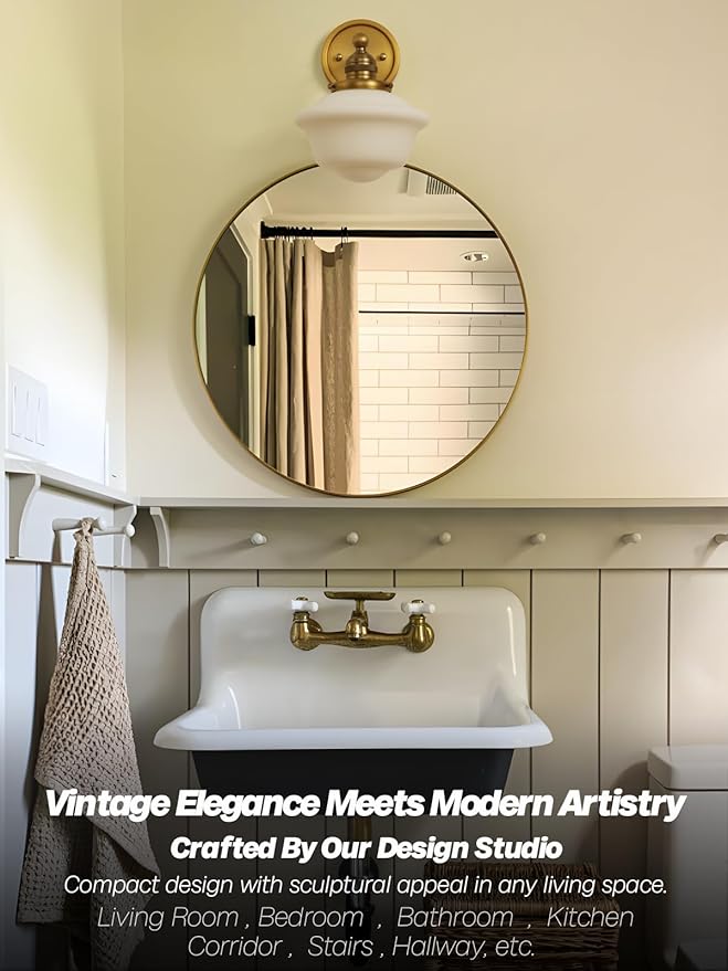 Gold Wall Sconce, Vintage Bathroom Vanity Light, Modern Frosted Milk Glass Sconces Brass Wall Lights for Living Room Bedroom Kitchen Hallway Stairway E26 Hardwire Indoor