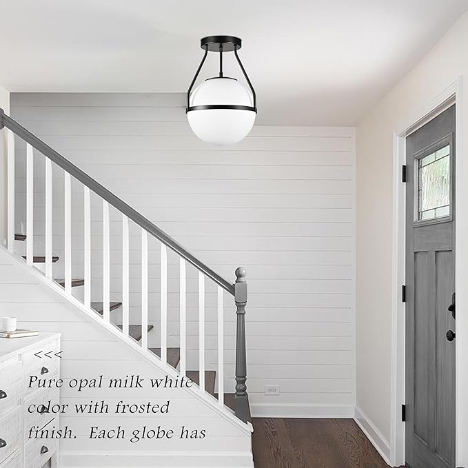 Bagood 10" Mid Century Ceiling Light Modern Semi Flush Mount Ceiling Light Fixture Globe Ceiling Light Fixture with Milk Glass Shade Matte Black Finish for Kitchen Island Hallway Foyer (Bulb Incl.)