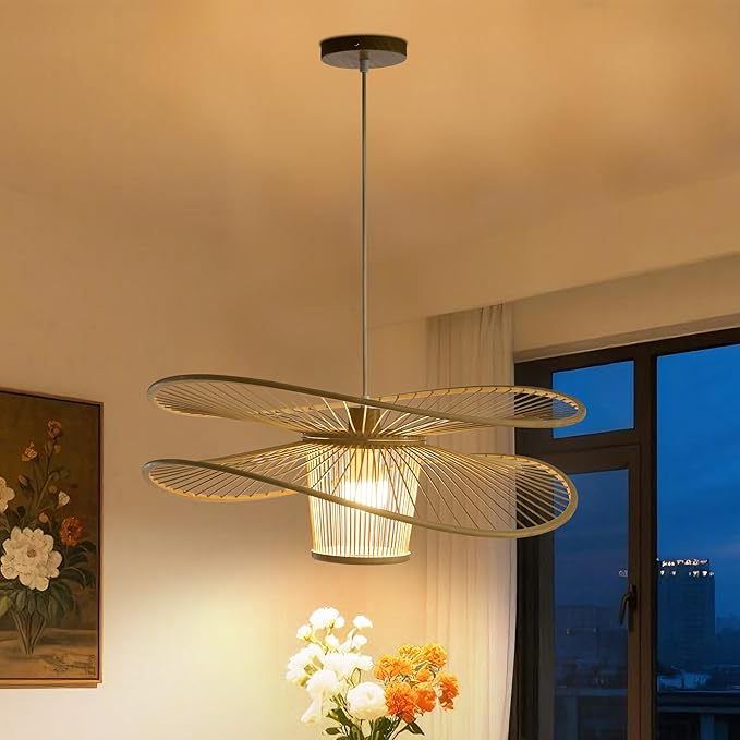 Handmade Bamboo Pendant Light, 3-Tier Boho Woven Chandelier, Modern Ceiling Lamp for Dining Room, Kitchen, Farmhouse Bedroom, E26 Base