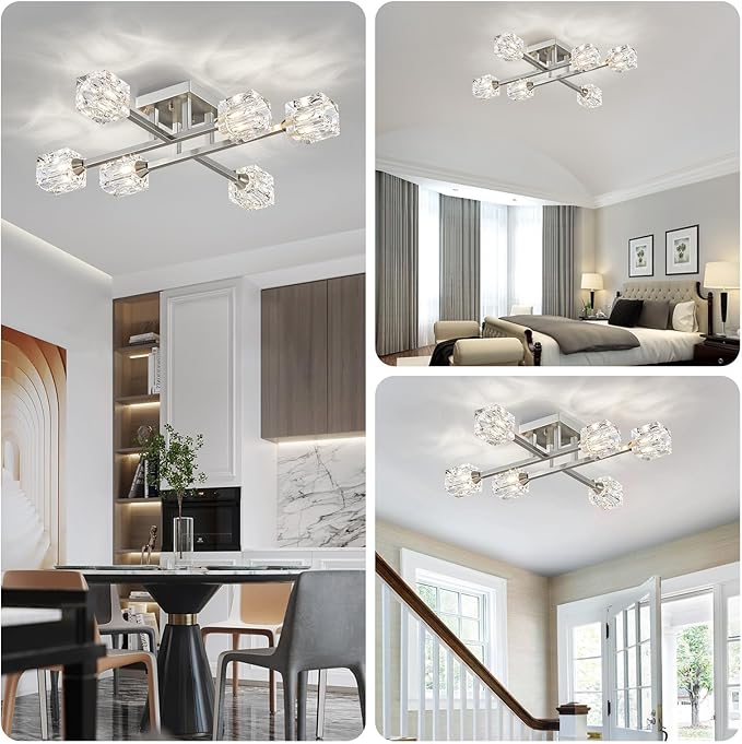 XINGQI Sputnik Light Fixture 6-Lights Semi Flush Mount Ceiling Light, Modern Silver Glass Chandelier Brushed Nickel Lighting for Dining Room Living Room Kitchen Bedroom Entryway