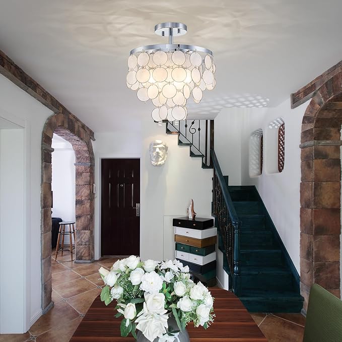 D11 inch Capiz Shell Ceiling Light, 3-Light Coastal Design Semi-Flushmount Light Fixture for Dining Room, Hallway, Bedroom, D11xH13 in, True Shell Pendants& Chrome Finish Frame