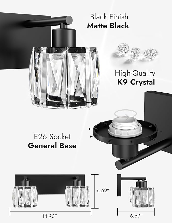 VOLISUN Crystal Vanity Lights for Bathrooms, 2 Light Bathroom Vanity Light, Modern Matte Black Bathroom Light Over Mirror, Black Bathrooms Lights Fixtures-UL Certificated(Exclude Bulb)