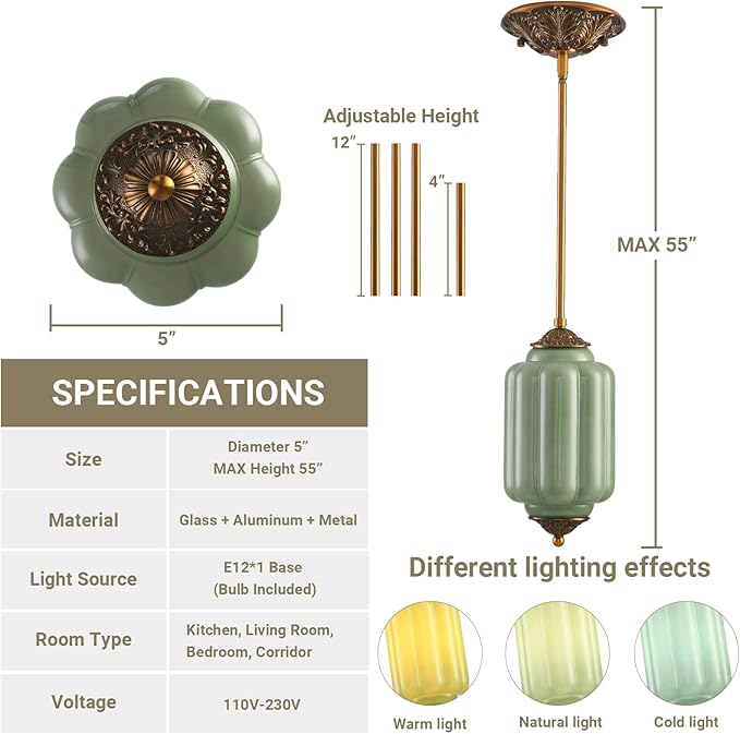 LOUSACE 5.5 in Vintage Milk Glass Ceiling Light Fixture, Antique Green Semi Flush Mount Milk Glass Pendant Light, Farmhouse Ceiling Light for Kitchen Hallway Dining Room Bedroom, LED Bulb Included