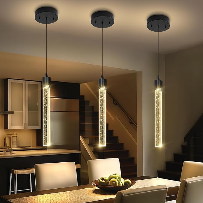 ykolupty Modern Pendant Lights Kitchen Island Black Crystal Mini Pendant Light with Dimmable LED 2700K-6000K,Bubble Crystal Chandelier Dining Room and Bar - 1 Pack