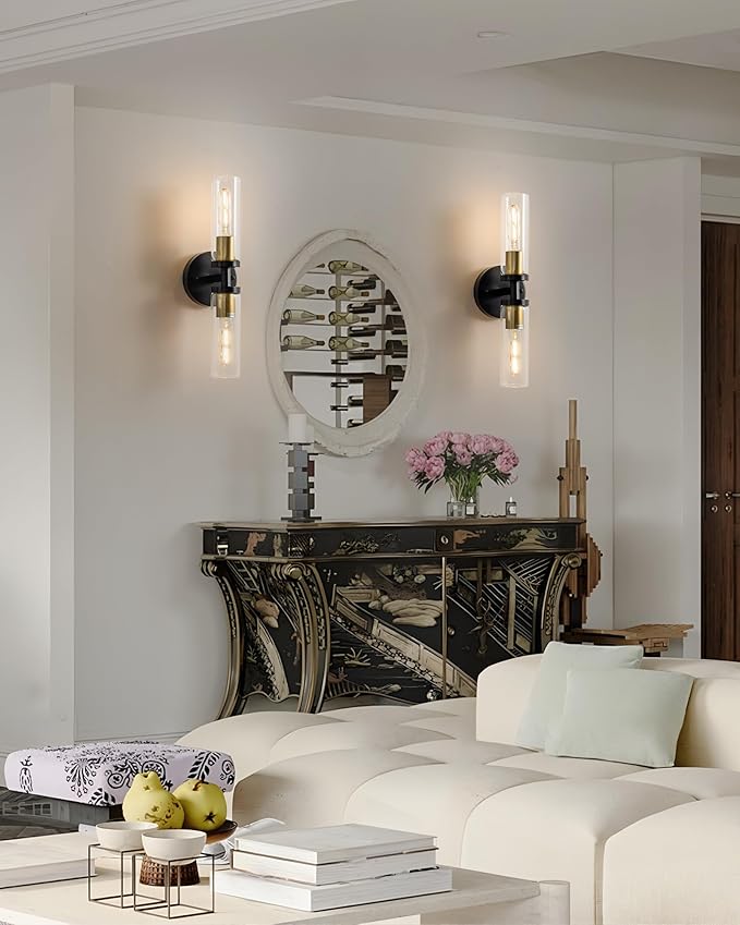 KSRYSZCQ Wall Sconces Set of Two Black and Gold Bathroom Wall Sconce with Clear Glass 15.75" Modern Wall Sconces for Bathroom Living Room Hallway Bedroom Kitchen