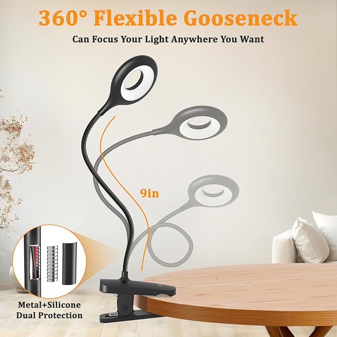 2 Pack Clip on Reading Light for Bed Headboard, Battery Rechargeable Large Clamp Bed Lamp - 5 Colors 5 Brightness, Flexible Arm Book Light at Night for Kids Bunk Desk Metal Bed Frame