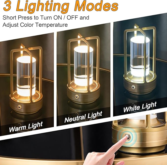 Rechargeable Table Lamp Cordless, 3 Color | Crystal | Stepless Dimming, for Bedroom, Cafe, Camping, Bar, Dining Table, Restaurant, Gold