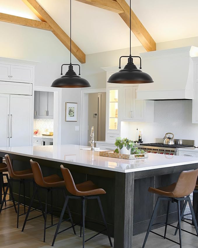 15.7" Black Pendant Lights Kitchen Island 2 Pack, Large Industrial Pendant Light Fixtures Kitchen Island Lighting for Dining Room Barn