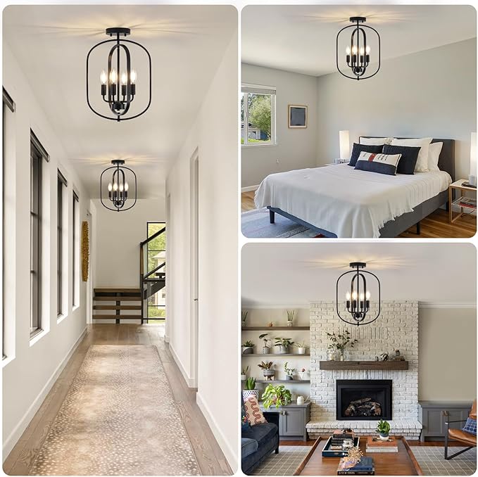 Black Flush Mount Ceiling Light, 4-Light Semi Flush Mount Ceiling Lights Kitchen Lighting Fixtures Industrial Modern Farmhouse Chandelier for Dining Room Foyer Hallway Entryway