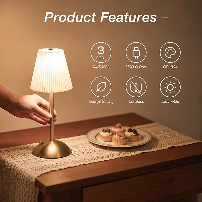 LEDVANCE Sylvania Cordless Lamp, LED Rechargeable Table Lamp with Battery Operated, USB-C, 3 Color Temperatures (3000/4000/5000K), Dimmable, Bedroom, Night Light, Coffee Shop, Brass - 1 Pack (66875)