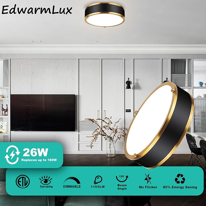 Edwarmlux 12.5 Inch LED Flush Mount Light Fixture, 26W, Modern Ceiling Light, 3 Color Adjustable 3000K/4000K/5000K, Dimmable for Bedroom, Hallway, Bathroom, Kitchen (Black Gold)