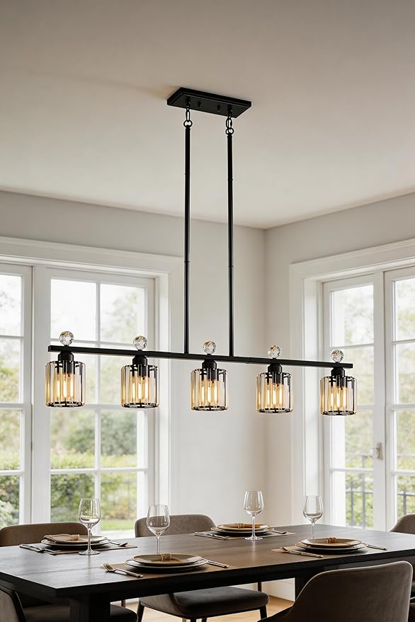 Modern Dining Room Light Fixture Over Table, Crystal Pendant Lights Kitchen Island, Chandeliers for Dining Room Kitchen Light Fixtures (E26) 5-Light Black