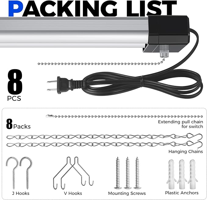 Barrina BS42a 4FT LED Shop Light, 42W, 5000K, 4800LM, Linkable Led Garage Ceiling Lights, Workshop, Hanging or Flush Mount, Concealed Wiring Design, Pull Chain Switch, Heat Dissipation, 8 Packs