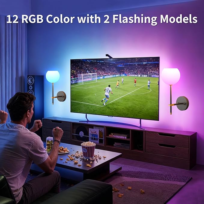 Black and Gold Battery Operated Wall Sconces Set of 2, Wireless Rechargeable Wall Light Fixtures for Home Decor, 12 RGB and 3CCT Dimmable Wall Lamps with Remote for Bedroom Living Room Hallway