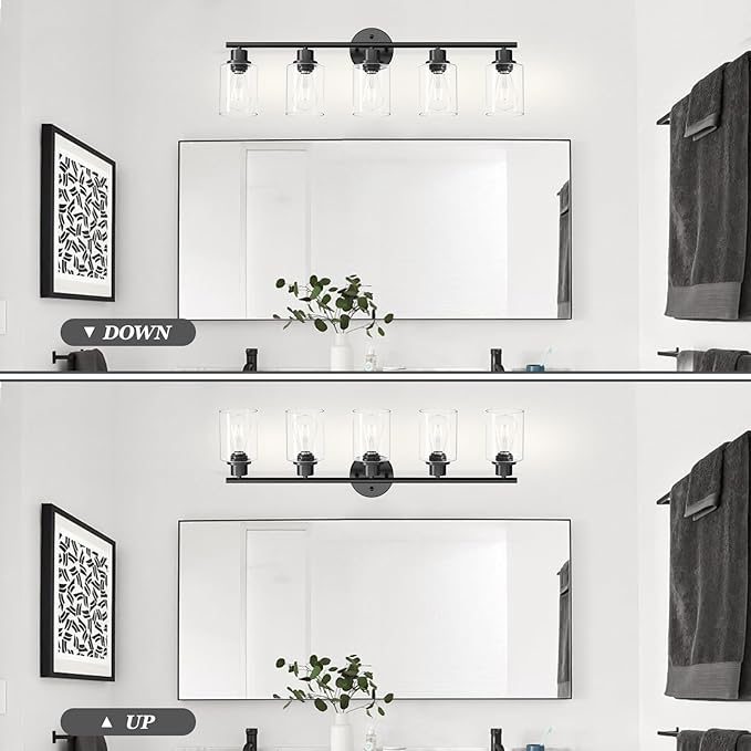 5-Light Black Bathroom Vanity Lights, E26 Modern Bathroom Light Fixtures with Clear Glass Shade, Mirror Kitchen Hallway Cabinet Living Room Sconces Wall Lights