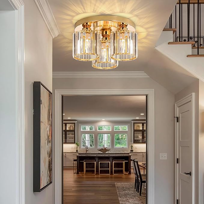 Gold Glam Chandelier Crystal Ceiling Light for Bedroom Lighting Fixtures LED Drum Light for Dining Room Kitchen Entrway Foyer